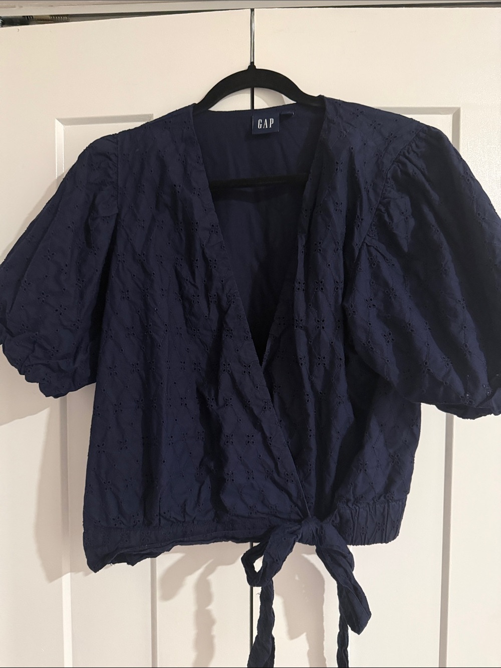 GAP Navy Eyelet Puff-Sleeve Wrap Blouse